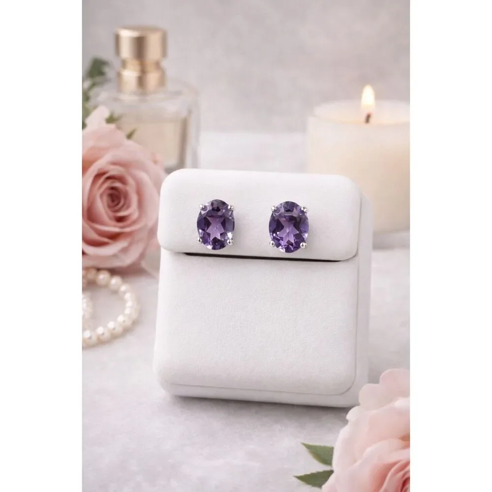 Oval Amethyst Stud Earrings Sterling Silver Elegant Purple Gemstone Classics New